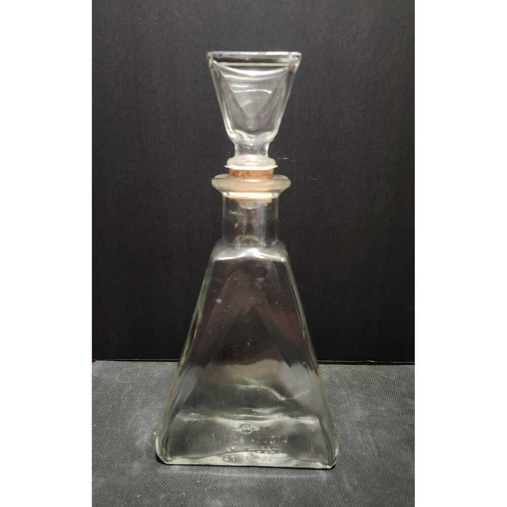 Clear Glass Triangle Decanter, 1 Quart. The cork is damaged. MAKE OFFER,